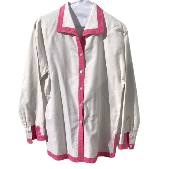 Lilly Pulitzer Tops - VINTAGE LILLY PULITZER LINEN WHITE PINK BUTTON DOWN POPLIN TUNIC TOP S